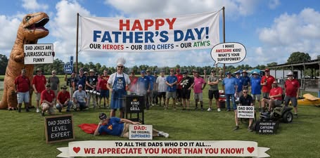 May be an image of ‎text that says '‎DAD OKES ARE JURASSICALLY FUNNY HAPPY FATHER'S DAY! OUR HEROES- OUR BBQ CHEFS - -OUR ATM'S DAD MAKE AWESOME KIDS! WHAT'S YOUR SUPERPOWER? DAD FUEL KING GRILL DADJOKES: DAD JOKES: LEVEL EXPERT DAD BOD NBOOGDES PROGRESS GRESS anزم؟ Helps) DAD: THE ORIGINAL SUPERHERO POWERED BY CAFFEINE & DENIAL To ALL THE DADS WHO DO IT ALL... WE APPRECIATE YOU MORE THAN YOU KNOW!‎'‎