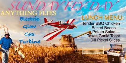 May be an image of text that says 'SUNDAY SUNDAYFLY-DAY YFLY-DA ANYTHING FLIES Electric LUNCH : Glow Tender Chicken Baked Beans Gas Potato Salad Texas Garlic Toast Turbine Dill Pickel Slices Ka P U'
