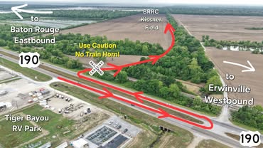 May be an image of map, road and text that says 'to Baton BatonRouge Rouge Eastbound BRRC Kissner Field 190 ፪ Use Caution No Train Horn! RAIL SK ROAD Tiger Bayou RV Park to Erwinville Westbound きンは泉公 190'