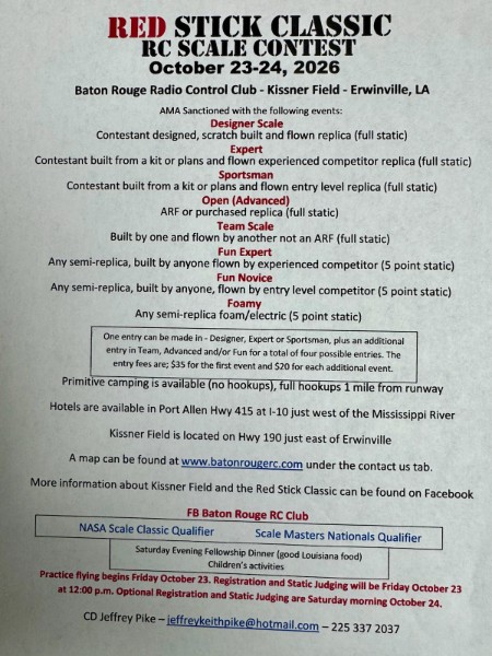 Red Stick Classic RC Scale Contest brochure for October 23–24, 2026 at Kissner Field, with contest classes, entry fees, schedule, and contact details.